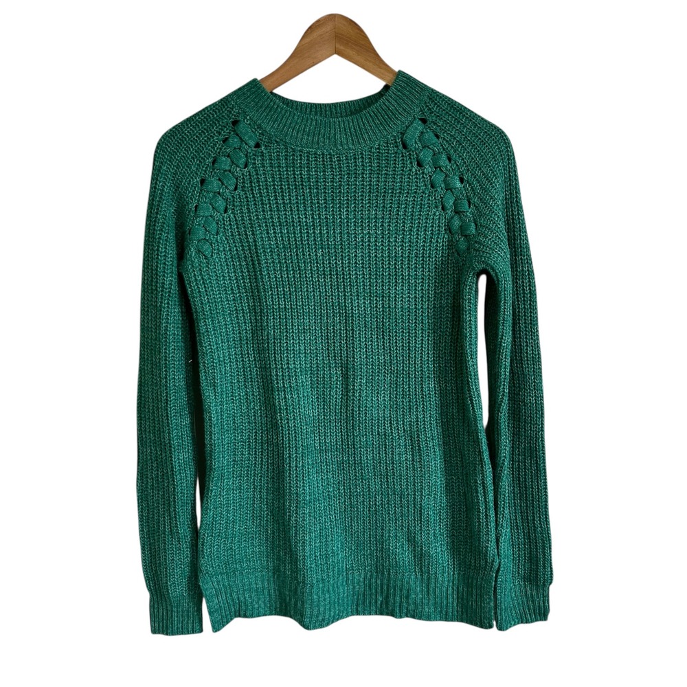 So Perfectly Soft Green Knit Sweater Braided Detail Long Sleeve Size S‎